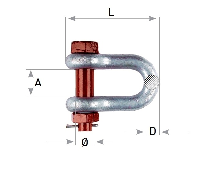 hochfester ''D'' Schäkel Ø 22 mm feuerverzinkt mit rotem Sicherungsbolzen und Mutter hochfester ''D'' Schäkel Ø 22 mm feuerverzinkt mit rotem Sicherungsbolzen und Mutter