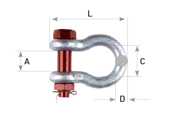hochfester Bogenschäkel Ø 12 mm feuerverzinkt mit rotem Sicherungsbolzen und Mutter