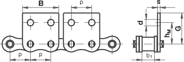 Rollenkette 10B-1 mit eins. Mitnehmer, breit, 2 Loch